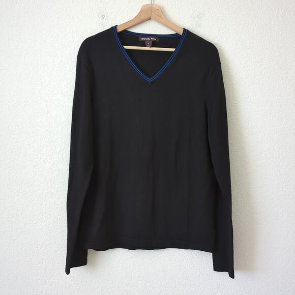 Michael Kors Mens V-neck Sweater Black Blue Ribbed Size Medium Long Sleeve - Picture 5 of 6